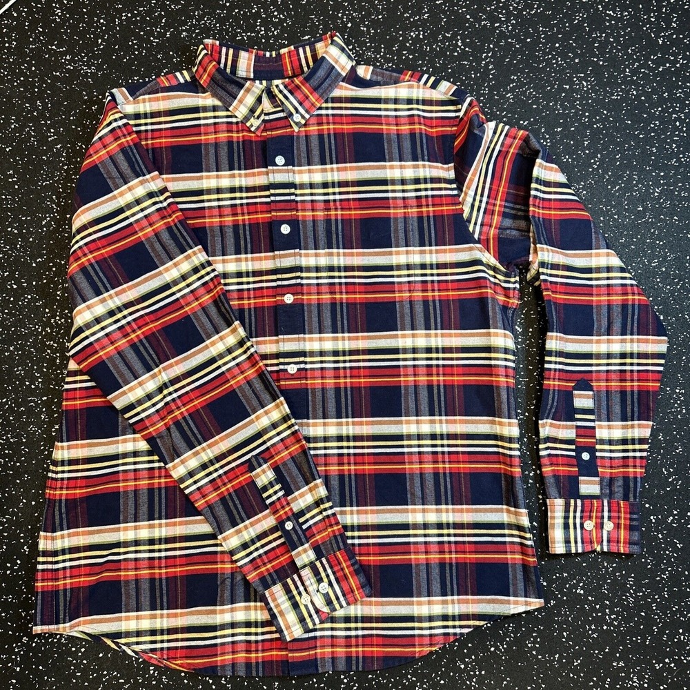 LL Bean Signature Slim Fit Shirt Mens Size L Red/Yellow/Navy Plaid Button Down